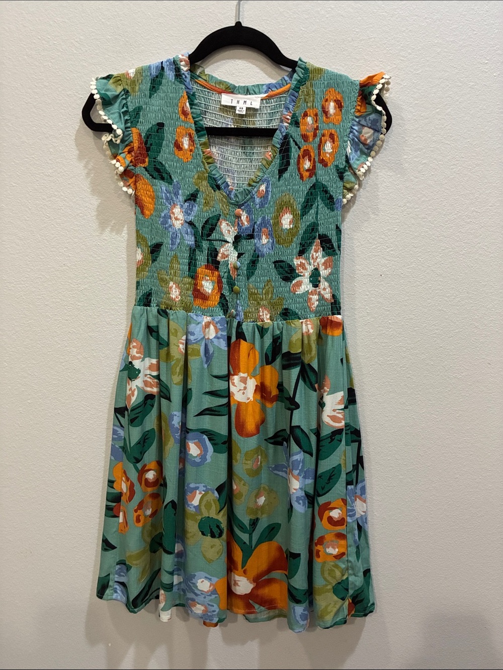 THML Sage Green Floral Mini Dress Smocked Bodice Pom-Pom Cap-Sleeve